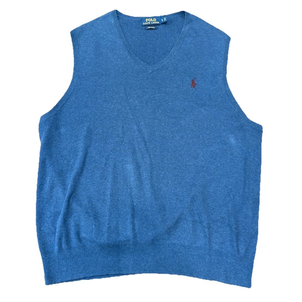 Polo Ralph Lauren Sweater Mens Large Blue Sleeveless V Neck Pima Cotton Red Pony